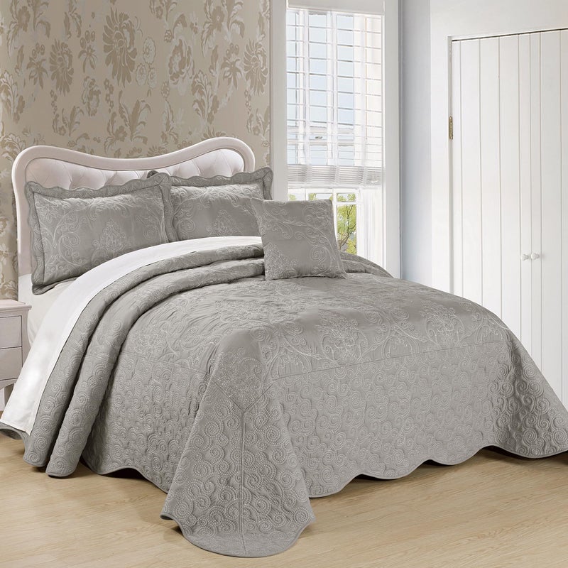 Home Soft Things Damask 4 Piece Bedspread Set, Scalloped Edge Reversible Coverlet Comforter Prewashed Bedding Set, Matelasse Embossed Floral Solid Pattern,Ash Gray Oversize King(120" x 120") - Image 1